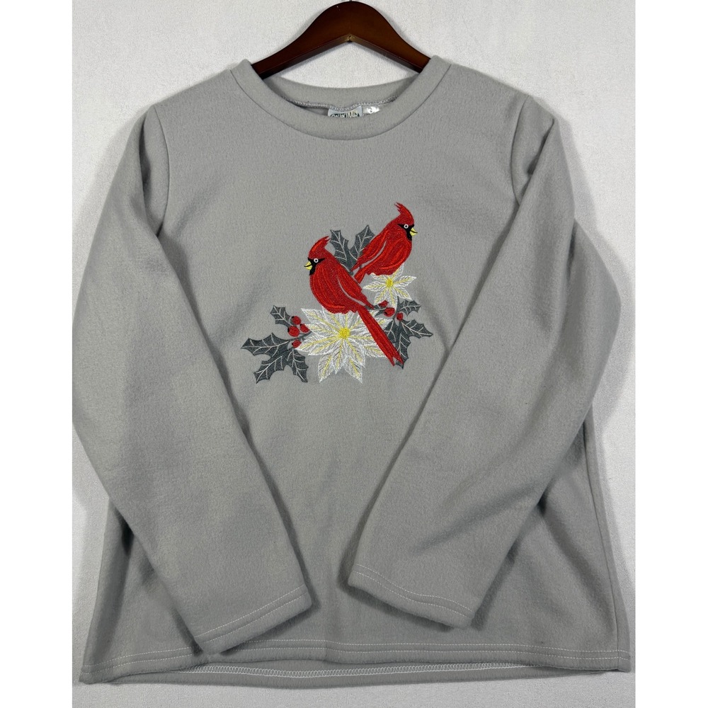 Collections Etc Cardinal Embroidered Fleece Sweatshirt Vintage Holiday Winter
